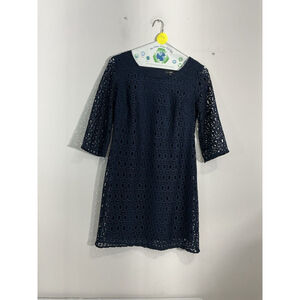 Womans R & K 10 P Blue Lace Lined Short Sleeve Knee Length Shift Dress